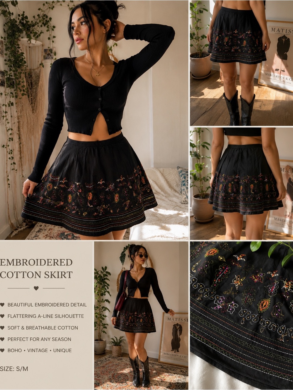 JAME B Black Embroidered Cotton A-Line Midi Skirt Boho Cottagecore Size 8